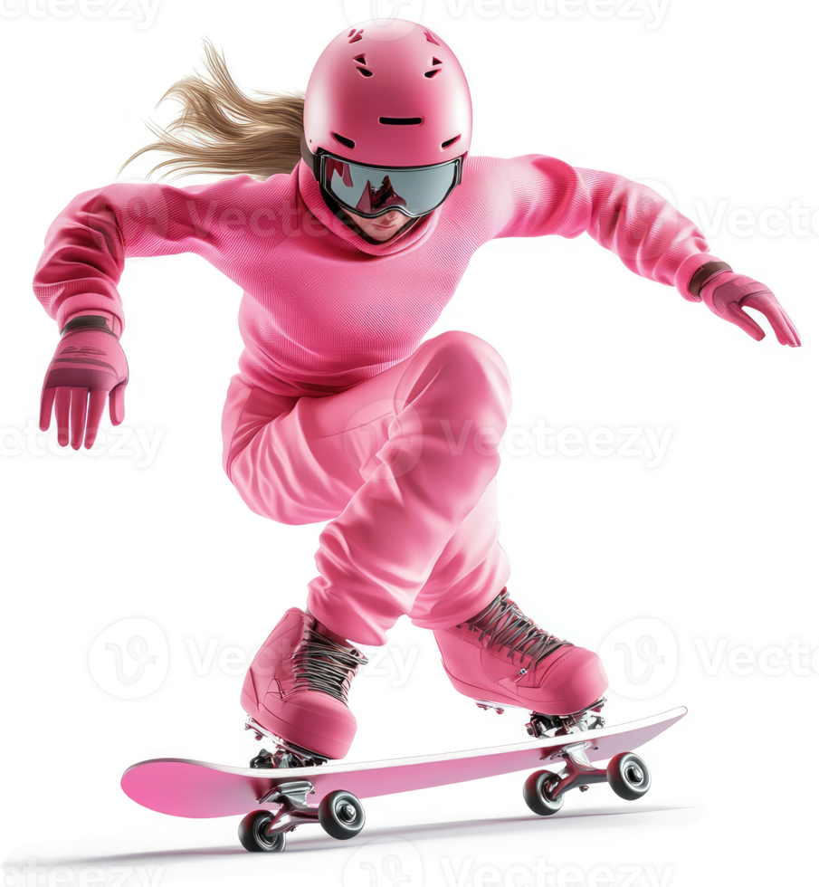 Pink-clad female skateboarder performing a dynamic aerial trick. png