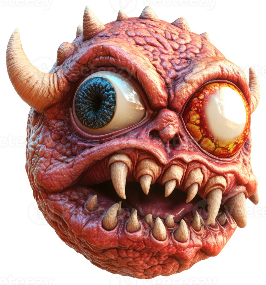 Crimson demonic sphere with menacing features. png