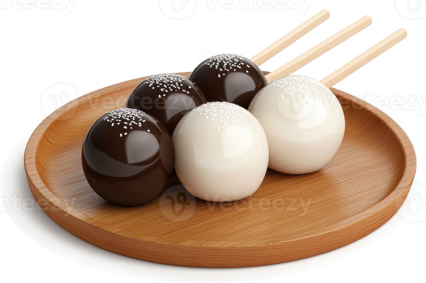 Chocolate and white mochi balls on a wooden plate. png