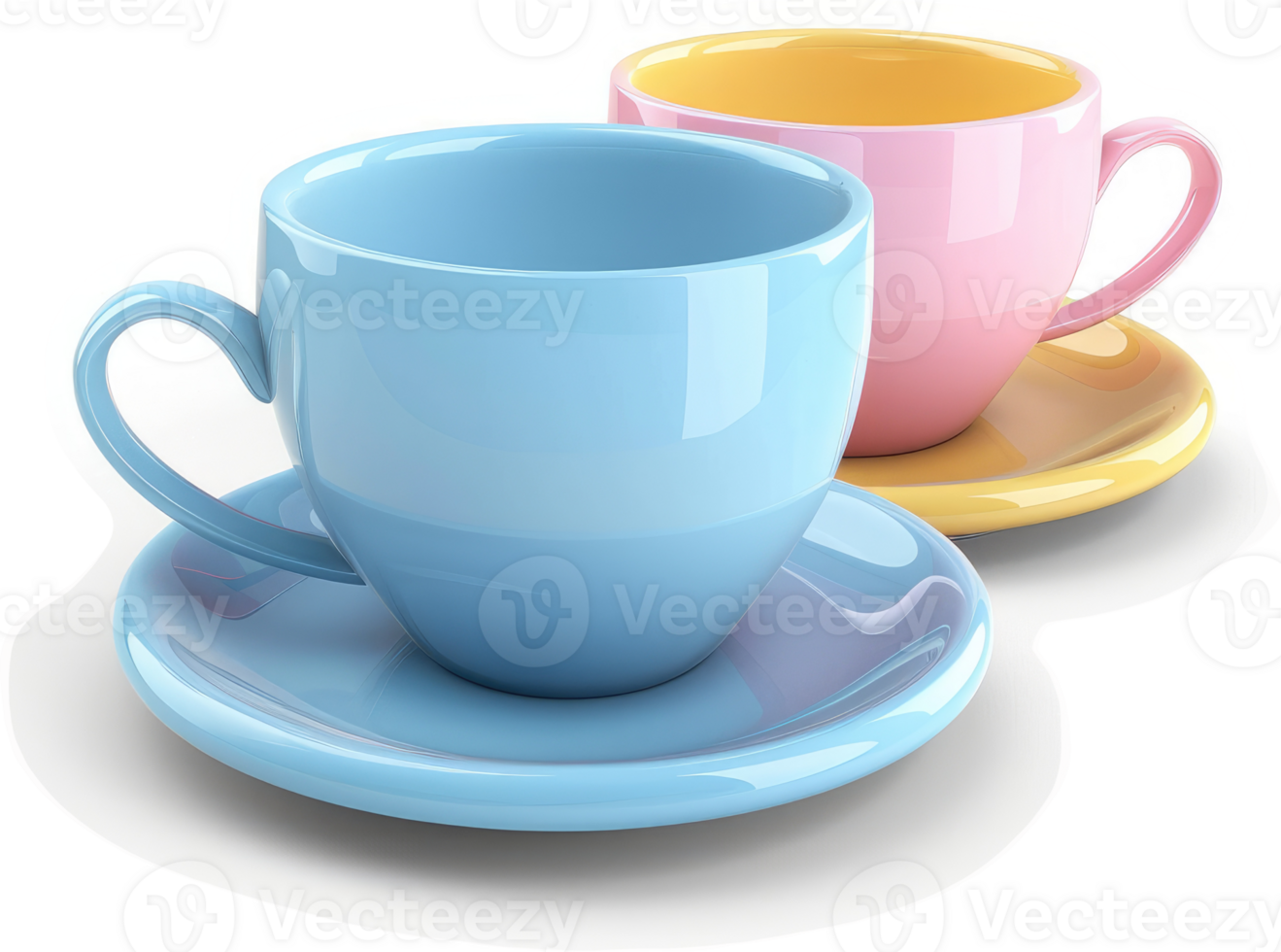 Two pastel-colored ceramic teacups and saucers sit side-by-side. png