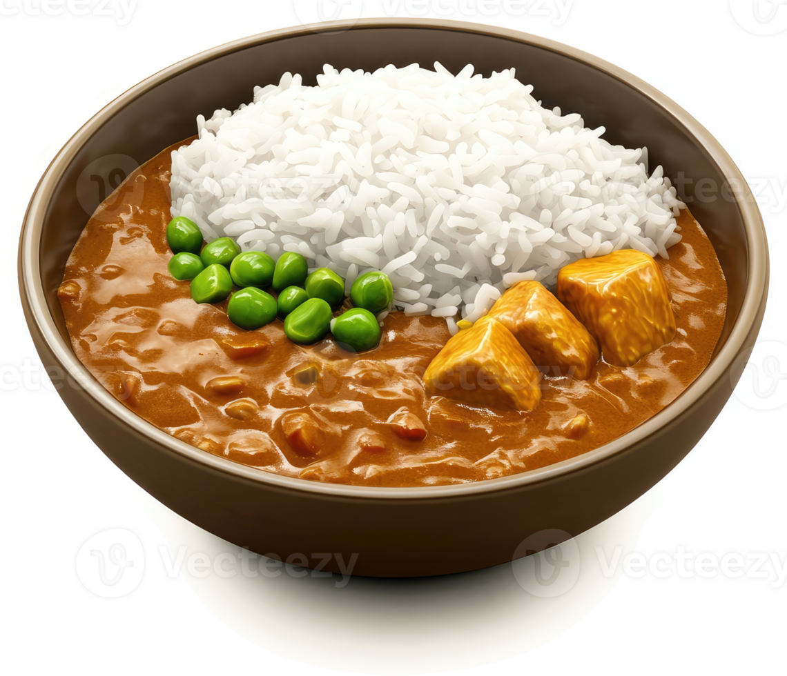 Hearty chicken curry served over a bed of fluffy rice. png