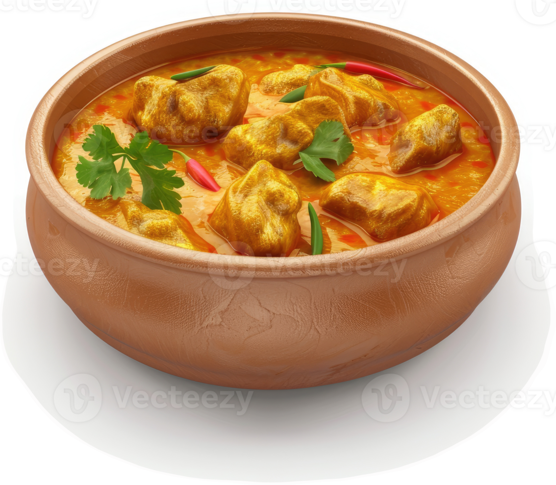 Hearty, flavorful chicken curry in a rustic clay pot. png