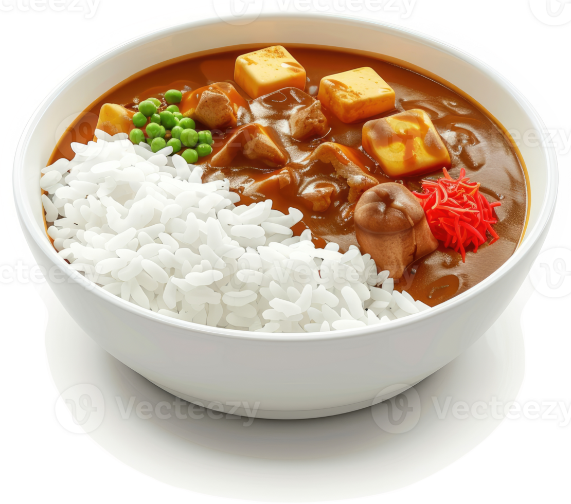Creamy curry rice bowl with vegetables and protein. png