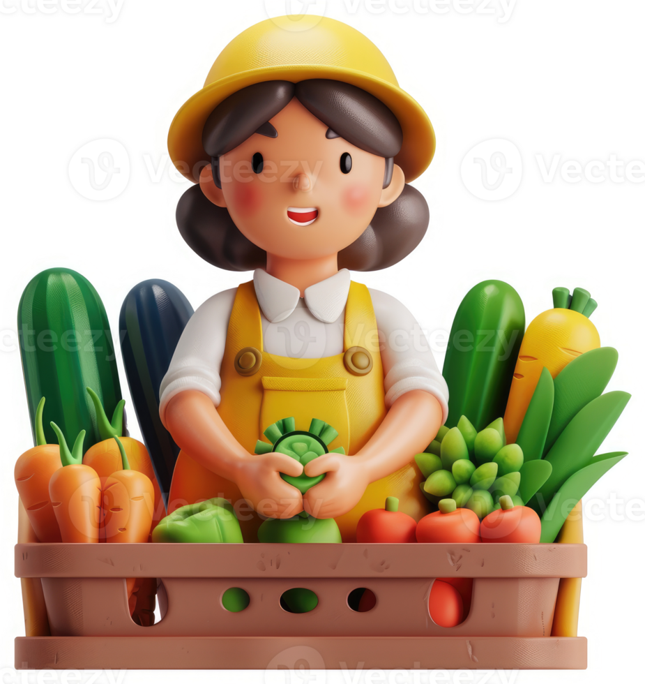 Smiling girl farmer presents a selection of fresh produce in a wooden crate. png