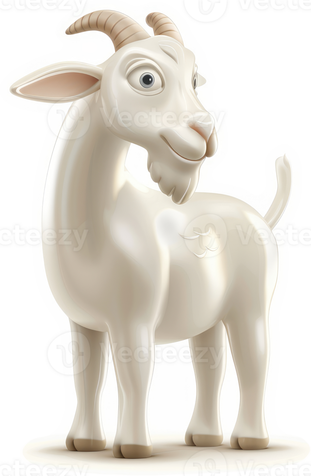 Playful cartoon goat figurine, showcasing charming features. png