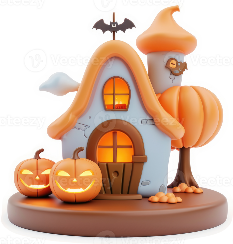 Cute halloween themed little house with pumpkins. png