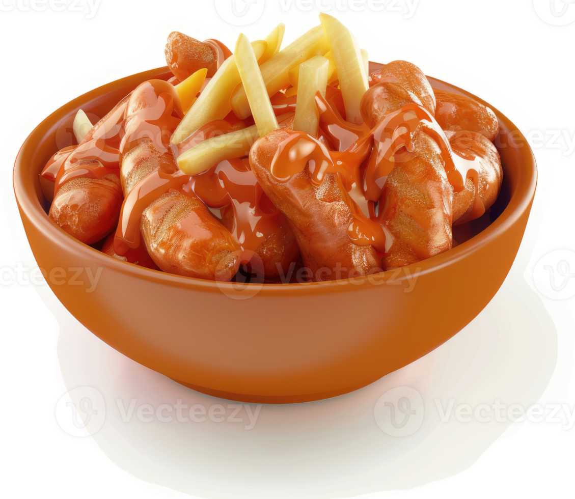 A bowl of orange-coated sausages and fries. png