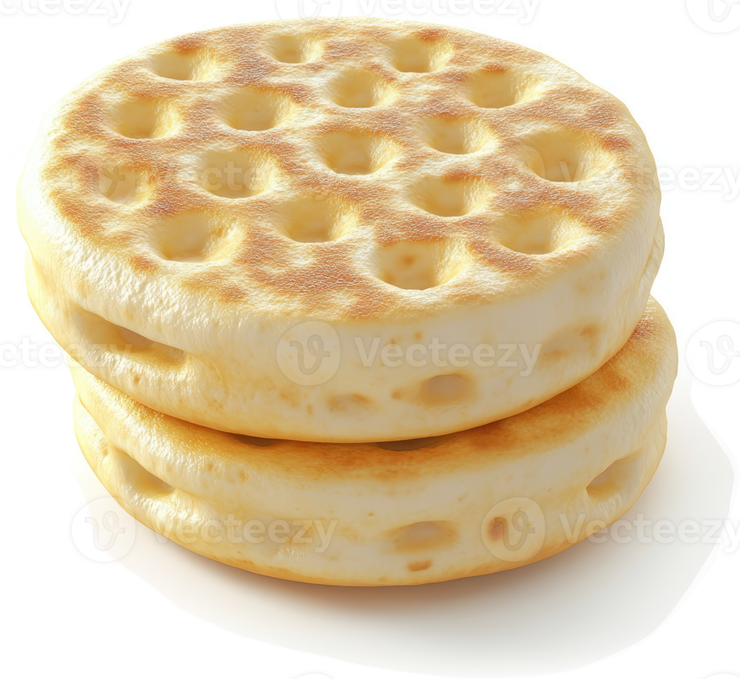 Two golden, round, waffle-like treats stacked high. png