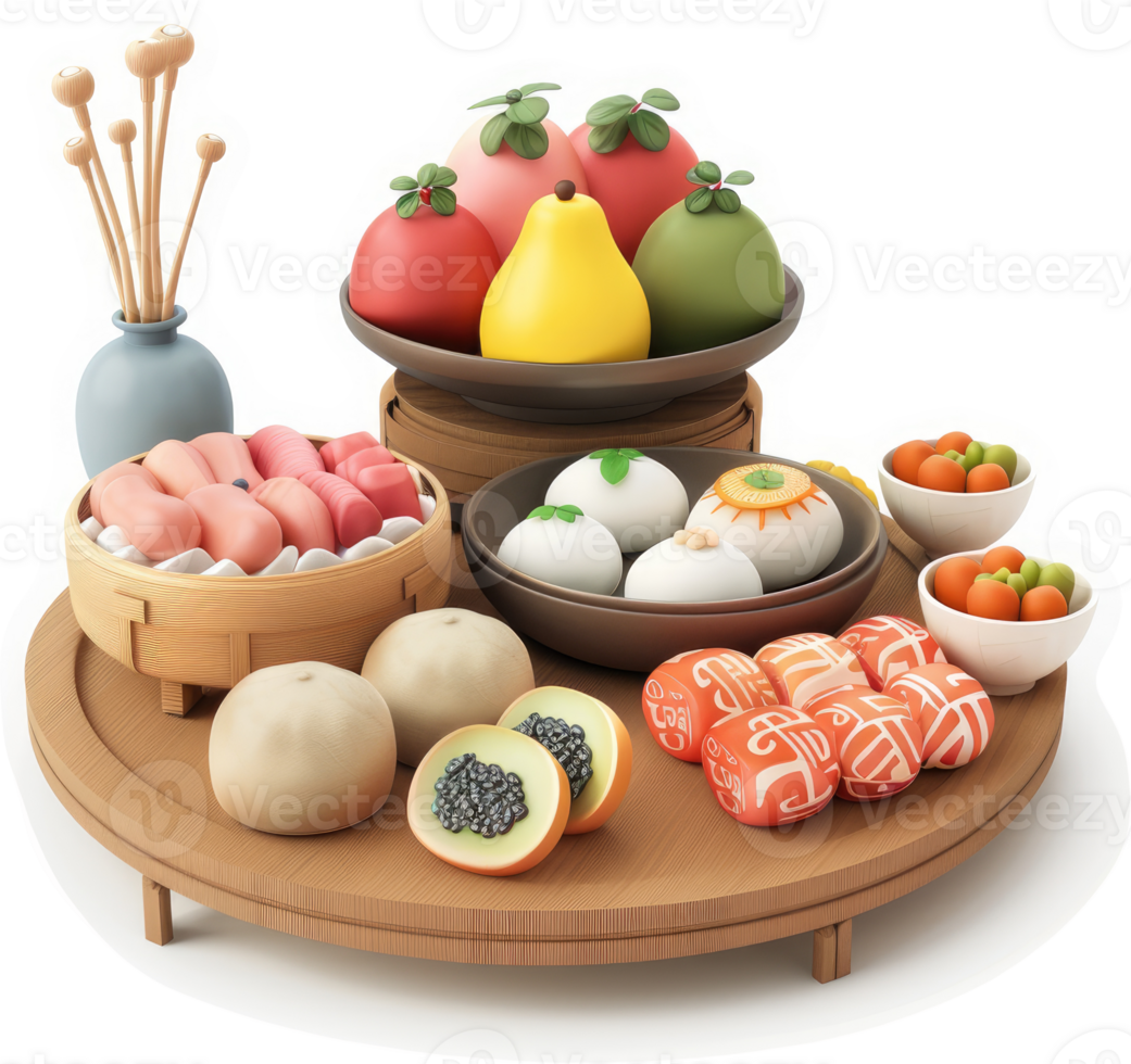 Colorful display of assorted pastries, fruits, and vegetables. png