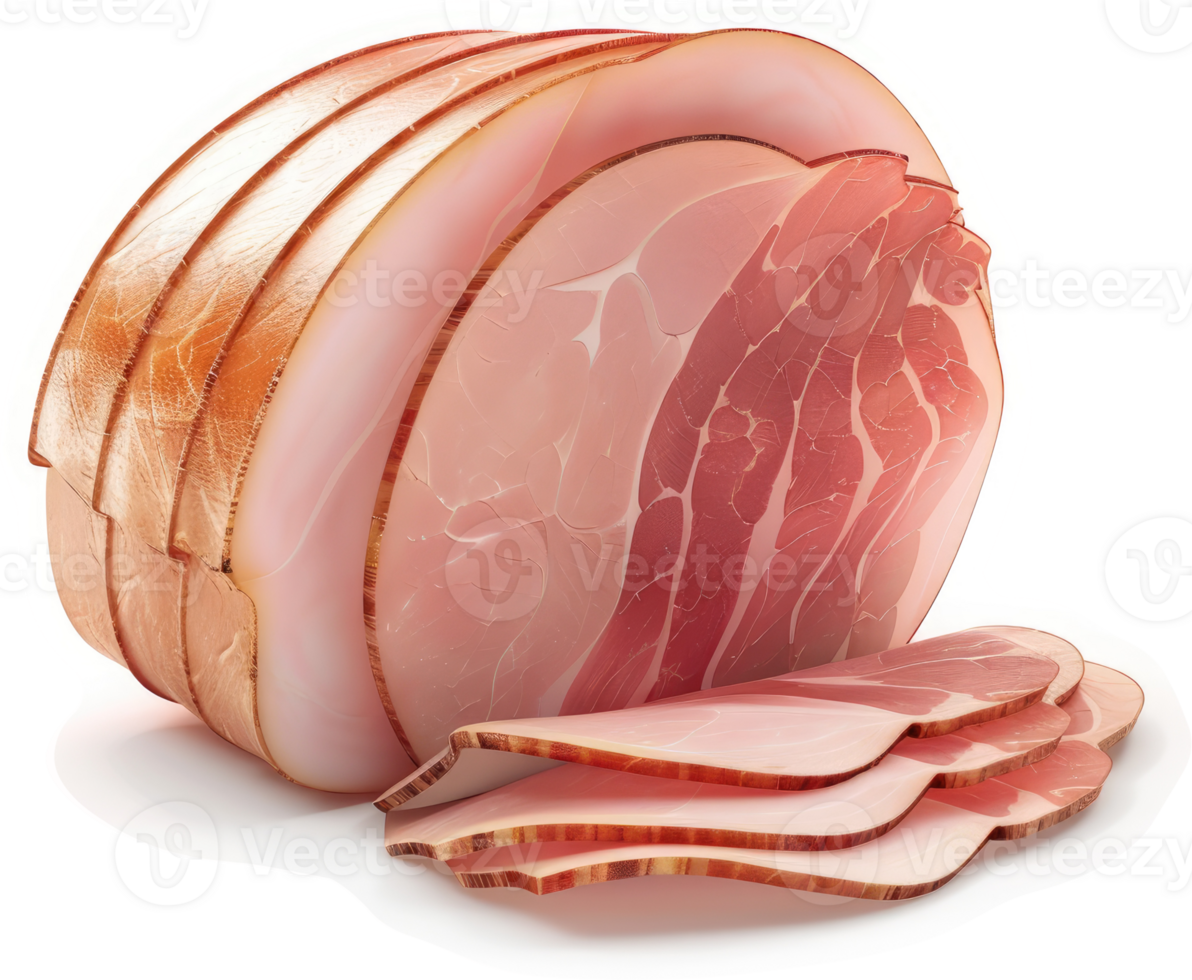 Sliced cured ham presented in a round format. png
