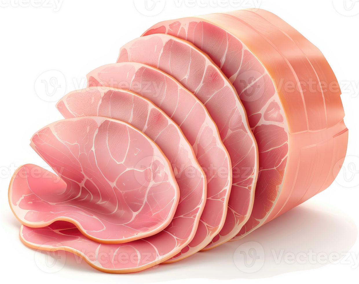 Sliced cured ham presentation, showcasing slices in a spiral arrangement. png