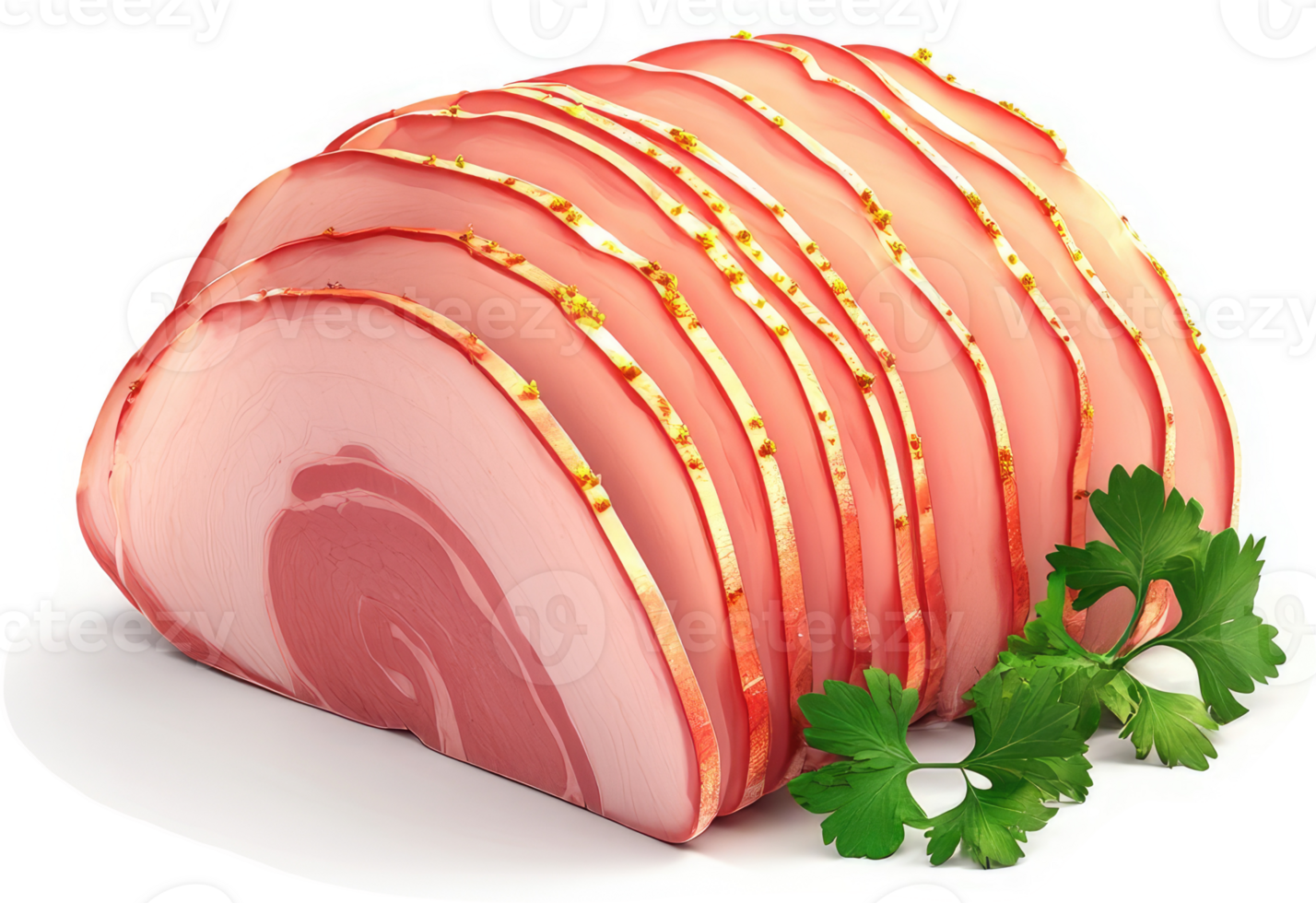 Sliced cured pork loin, garnished with parsley. png