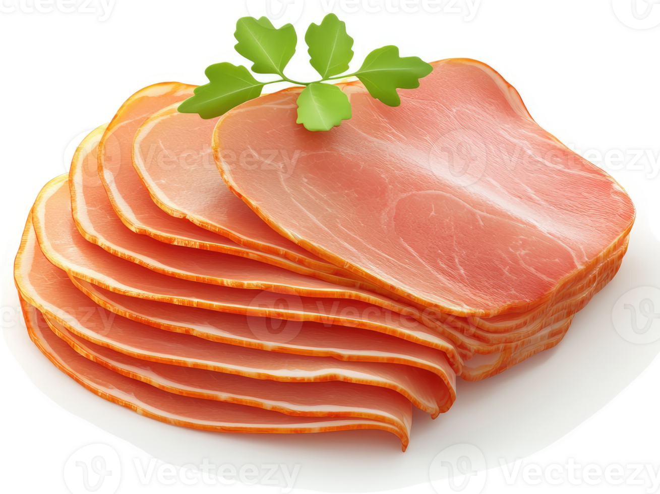 Sliced ham presentation atop a white surface. png