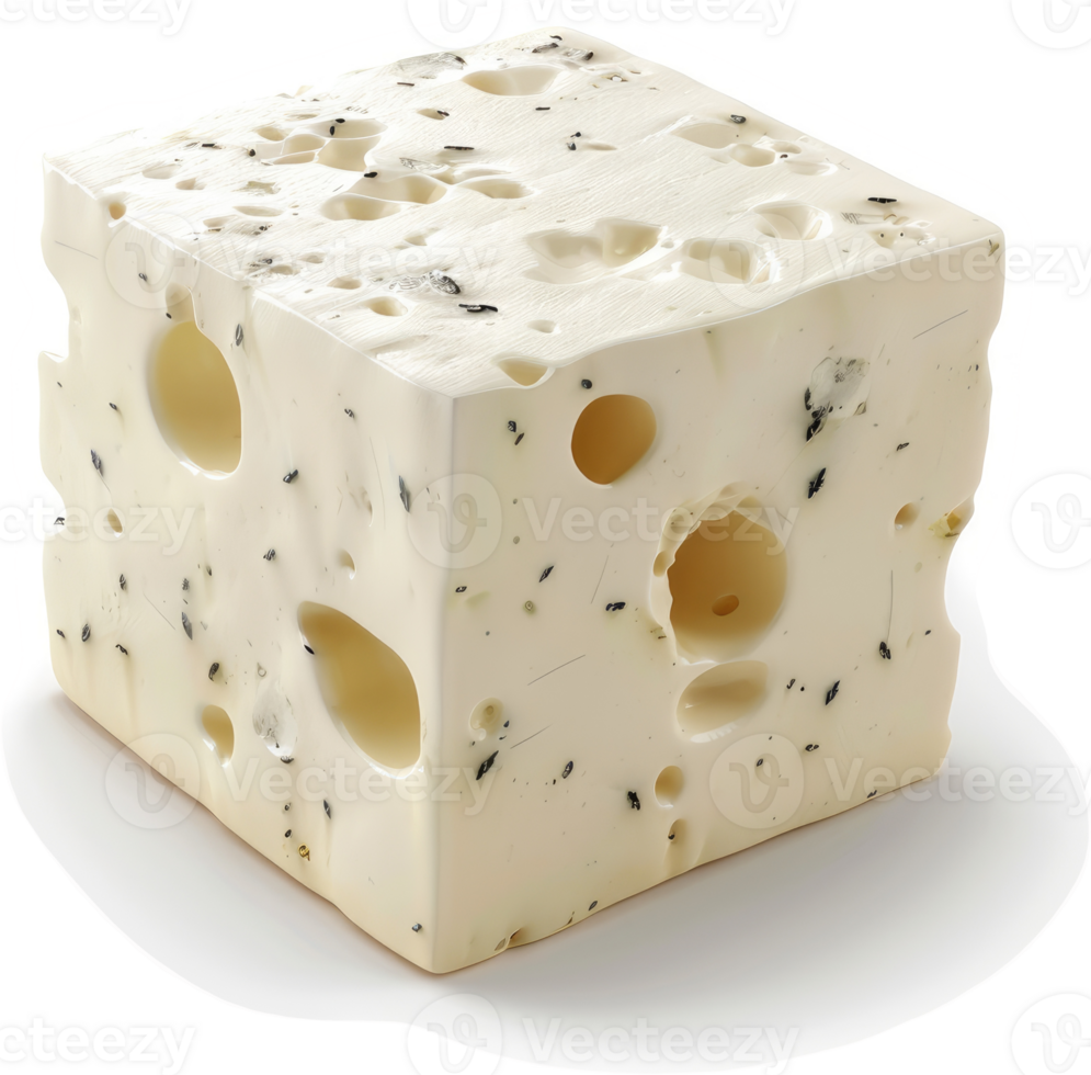 A cubed block of swiss-style cheese with holes. png