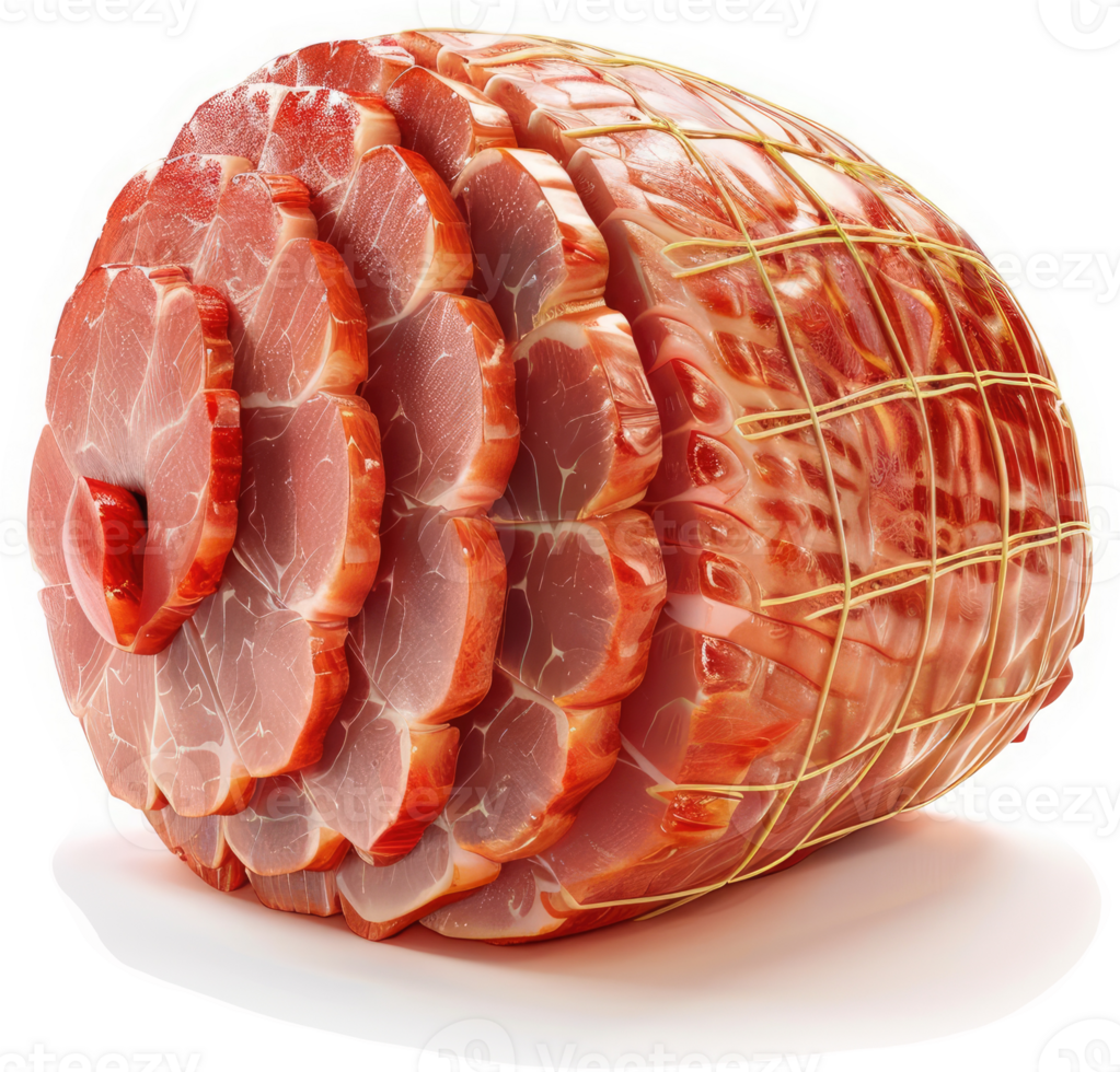 Sliced, cured ham, neatly sectioned and tied. png