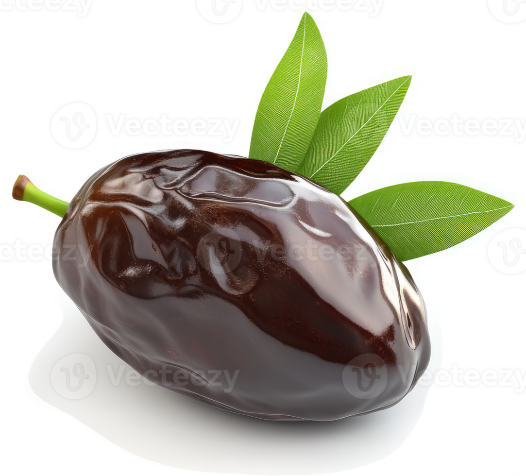 Dark, glossy date fruit with fresh leaves. png