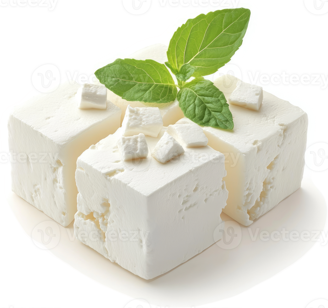 Fresh feta cheese cubes with mint garnish. png
