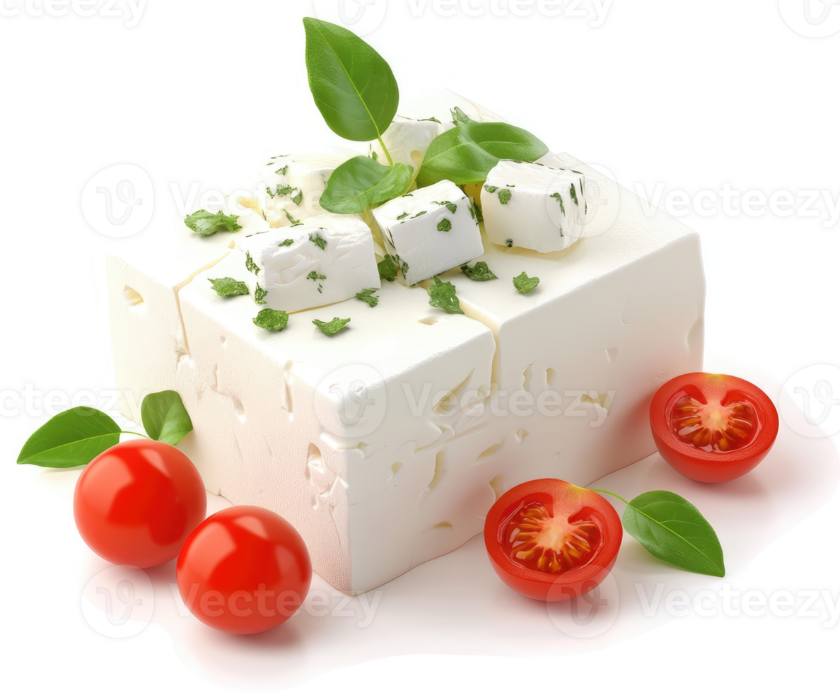 Fresh feta cheese block with cherry tomatoes and herbs. png