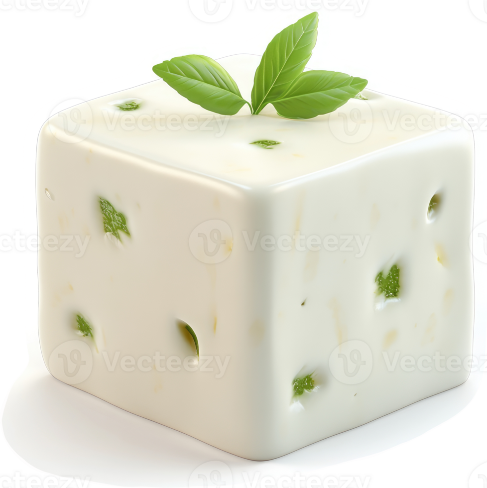Fresh, cubed cheese with basil garnish. png