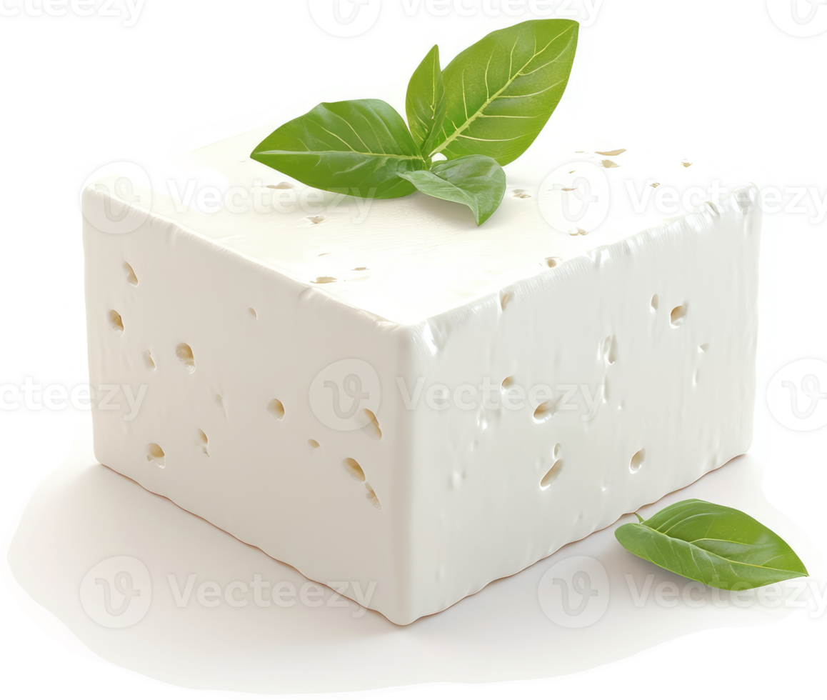 Fresh white cheese block garnished with basil leaves. png