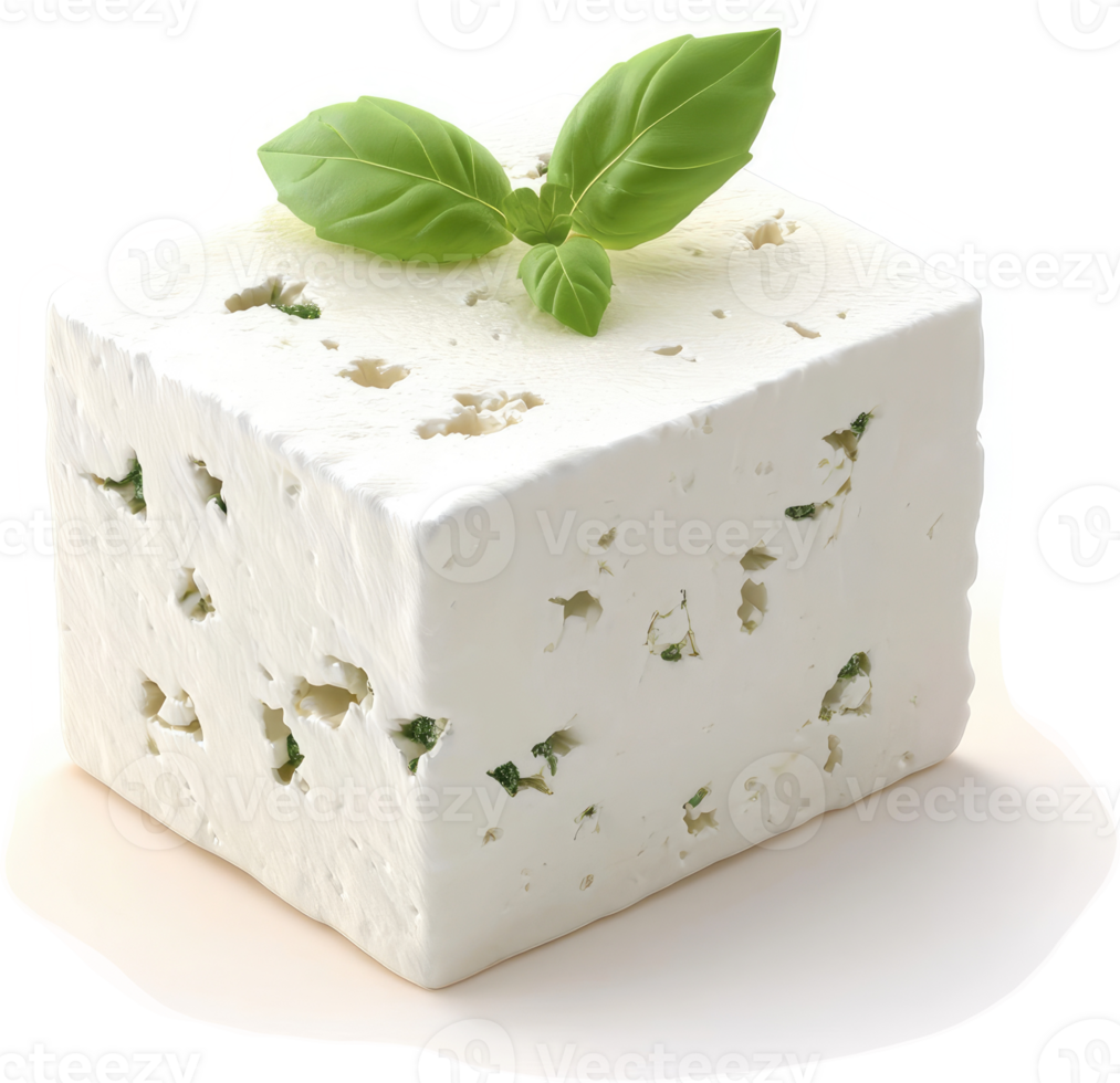 Fresh, cubed white cheese topped with basil. png