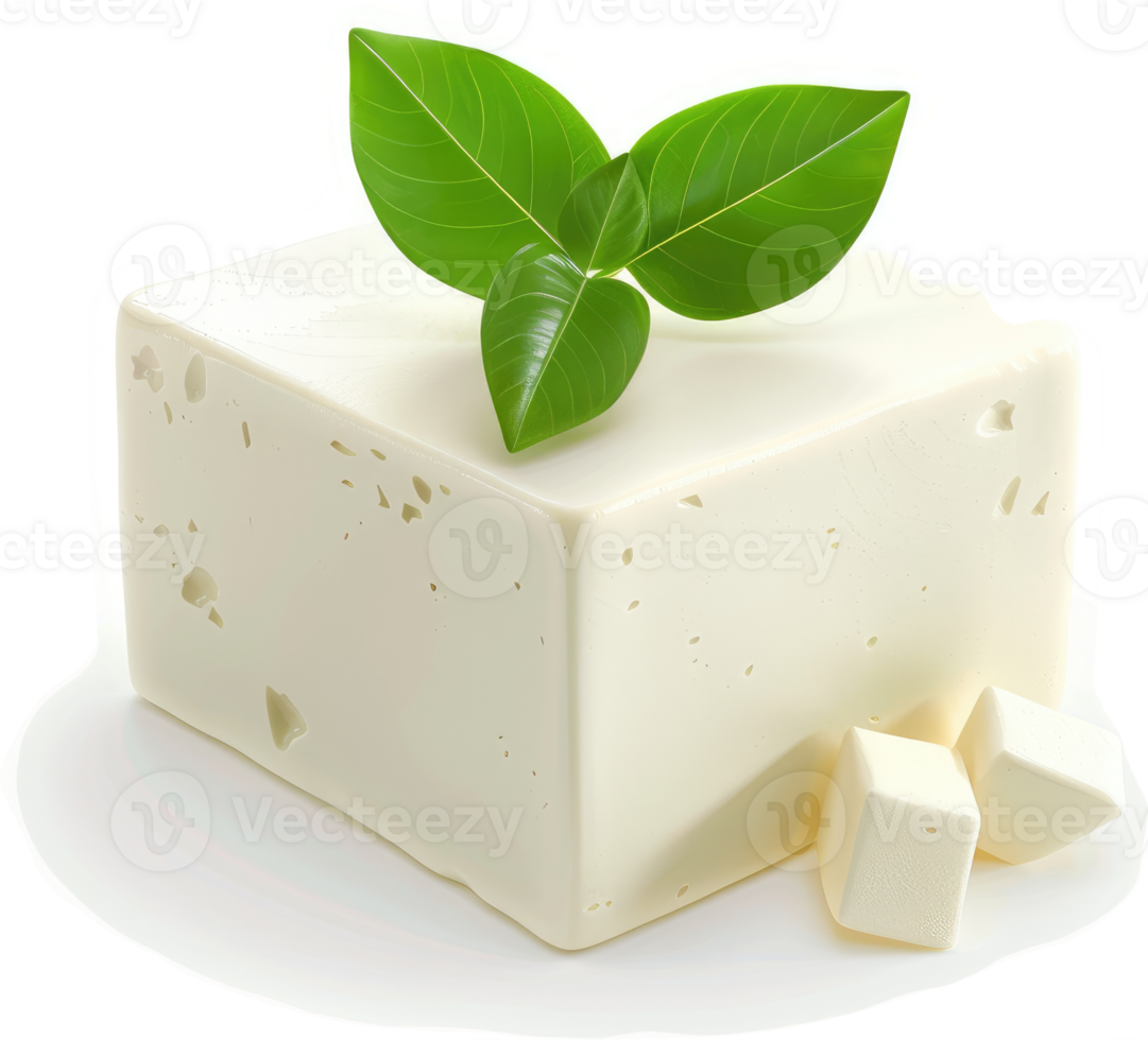 Fresh, creamy block of white cheese, accented by fresh basil leaves. png
