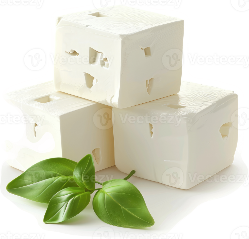 Three blocks of feta cheese with fresh basil leaves. png