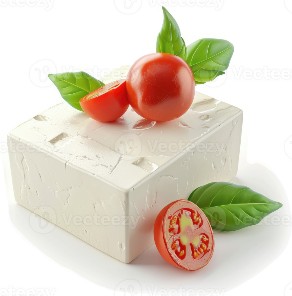 Fresh feta cheese with cherry tomatoes and basil. png