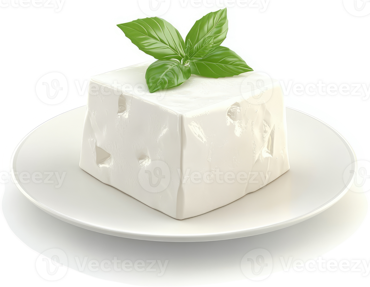 Fresh, cubed white cheese on a plate with basil. png