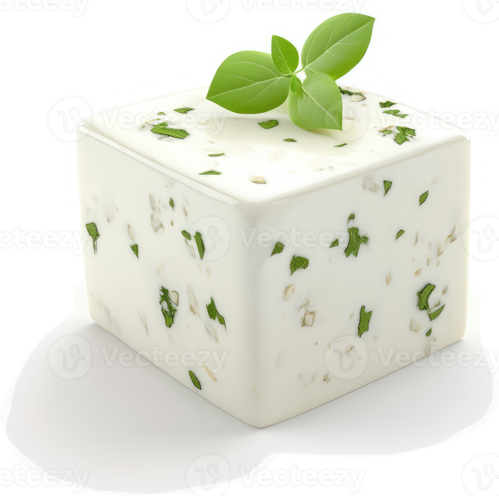 Creamy, herb-infused cheese cube garnished with fresh basil. png