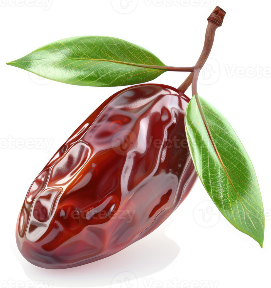 Close-up of a glistening, dark red date fruit. png