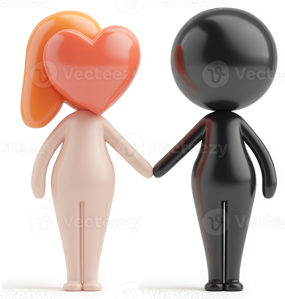 Interracial couple holding hands with hearts as heads. png