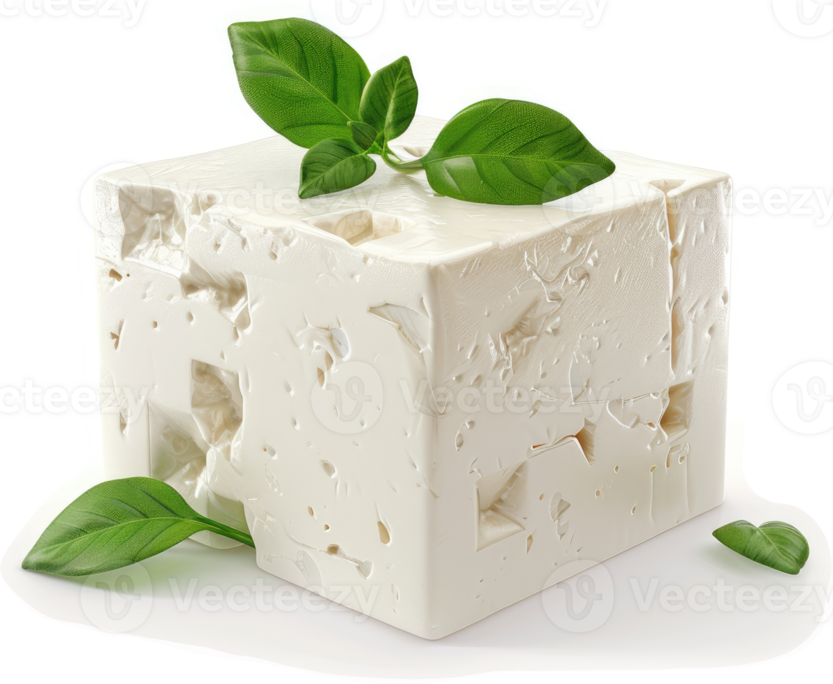 Creamy white cheese cube garnished with fresh basil. png