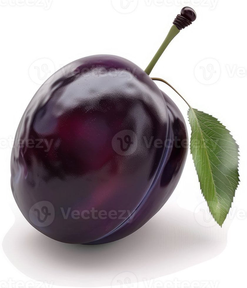 Dark purple plum with leaf and stem. png