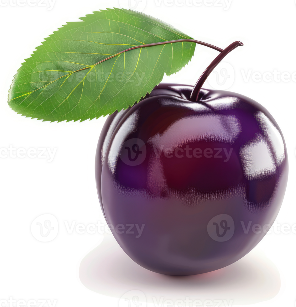 Fresh, glossy plum with vibrant green leaf. png