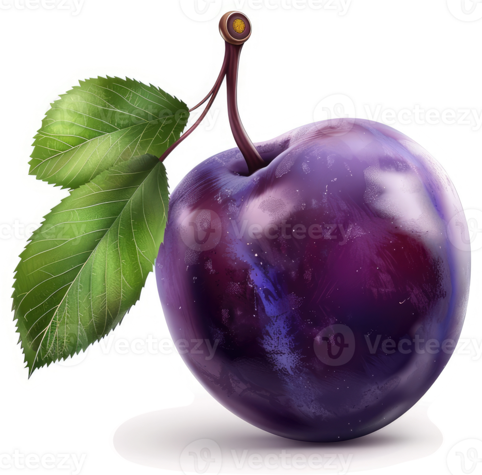 A luscious, deep purple plum with leaves. png