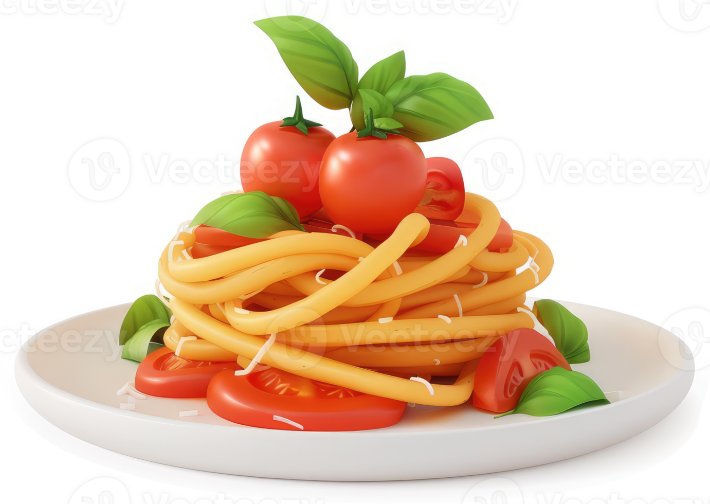 Freshly prepared spaghetti dish with tomatoes and basil. png