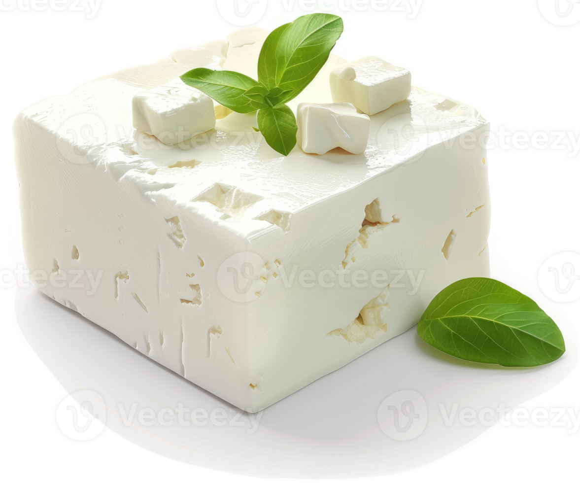 Fresh feta cheese block garnished with basil leaves. png