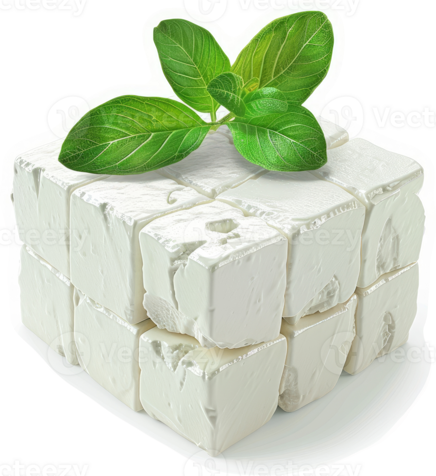 Fresh, cubed feta cheese, accented by basil leaves. png