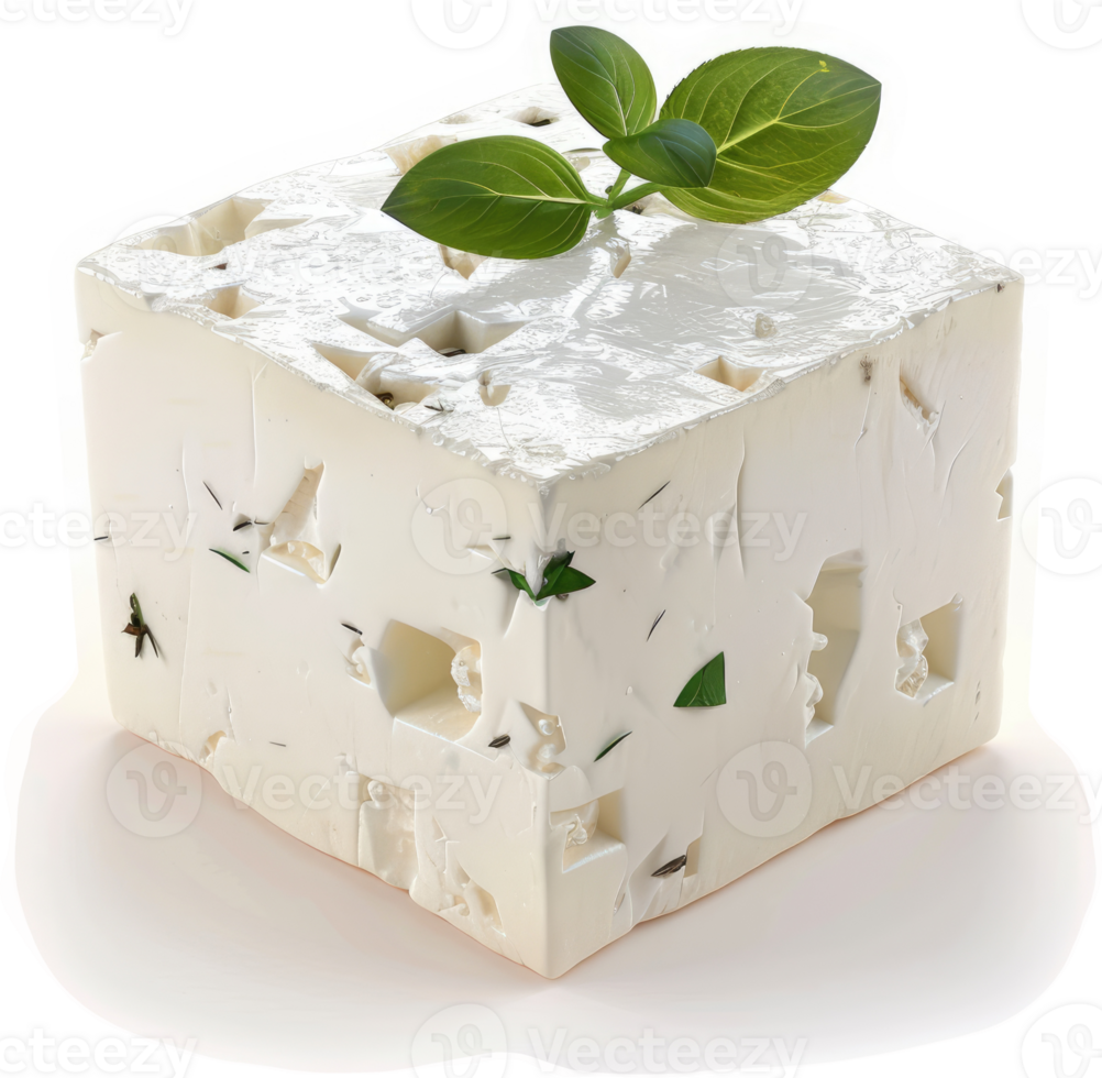 Block of flavored feta cheese garnished with fresh herbs. png