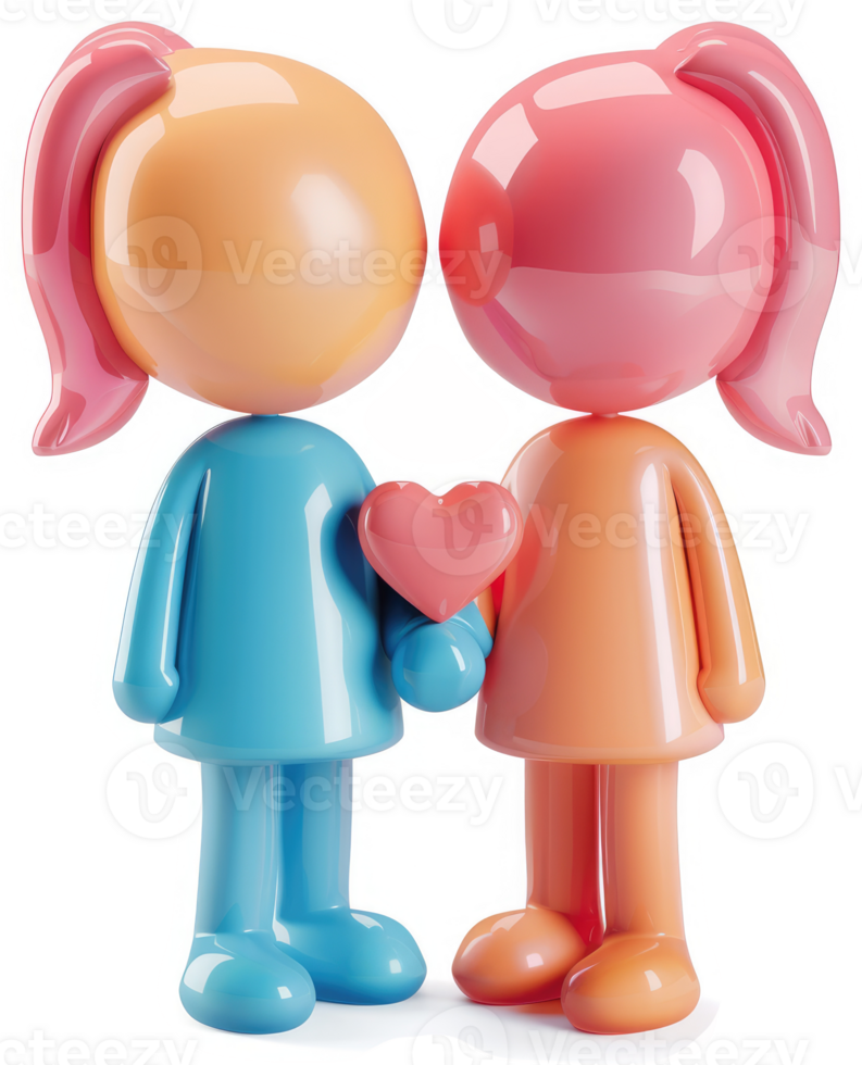 Two stylized figures, sharing a heart, depict tender affection. png