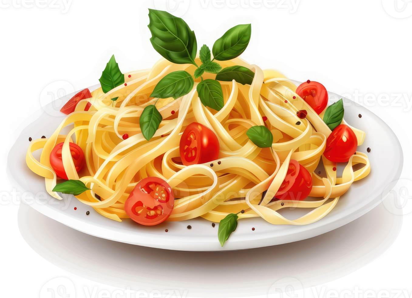 Plate of pasta with cherry tomatoes and basil. png