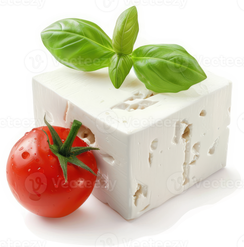 Fresh feta cheese block with basil and cherry tomato. png