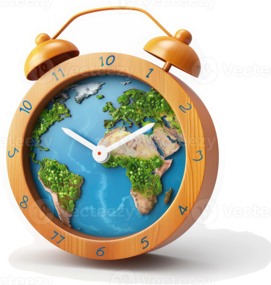 Global timekeeping, a wooden alarm clock with a world map face. png