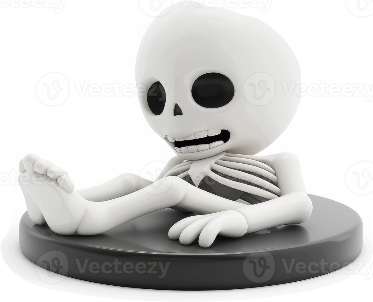 Cute, cartoonish skeleton figurine rests on a dark base. png