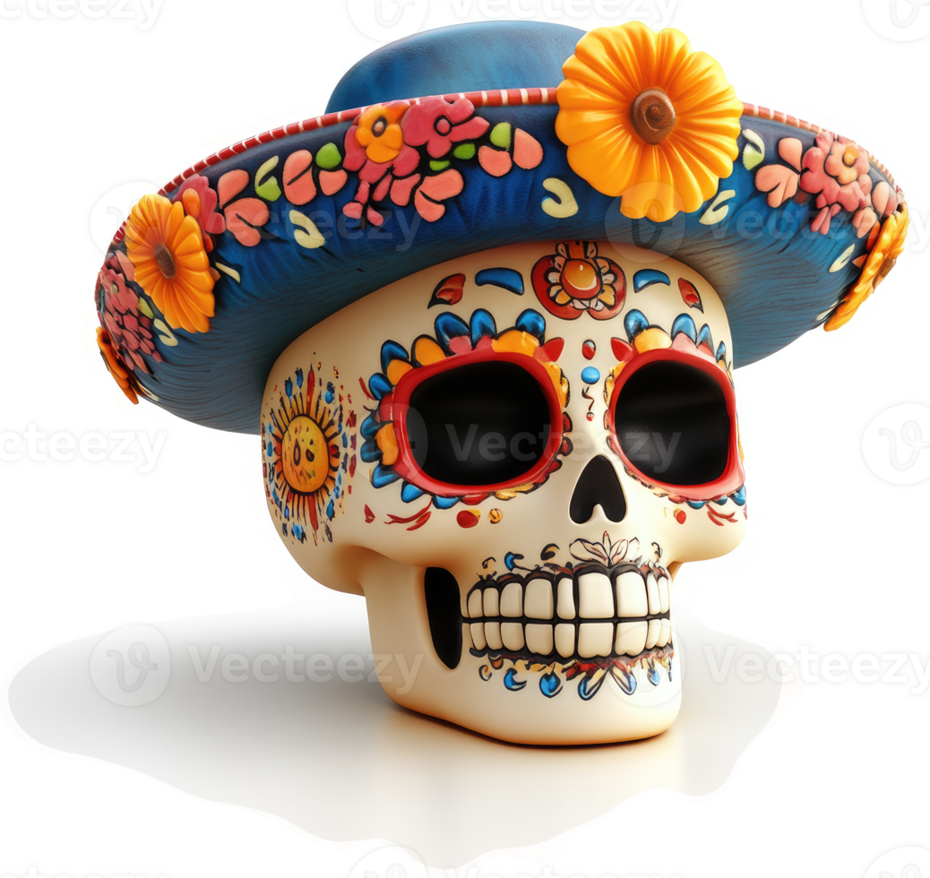Vibrant sugar skull adorned with a festive sombrero. png