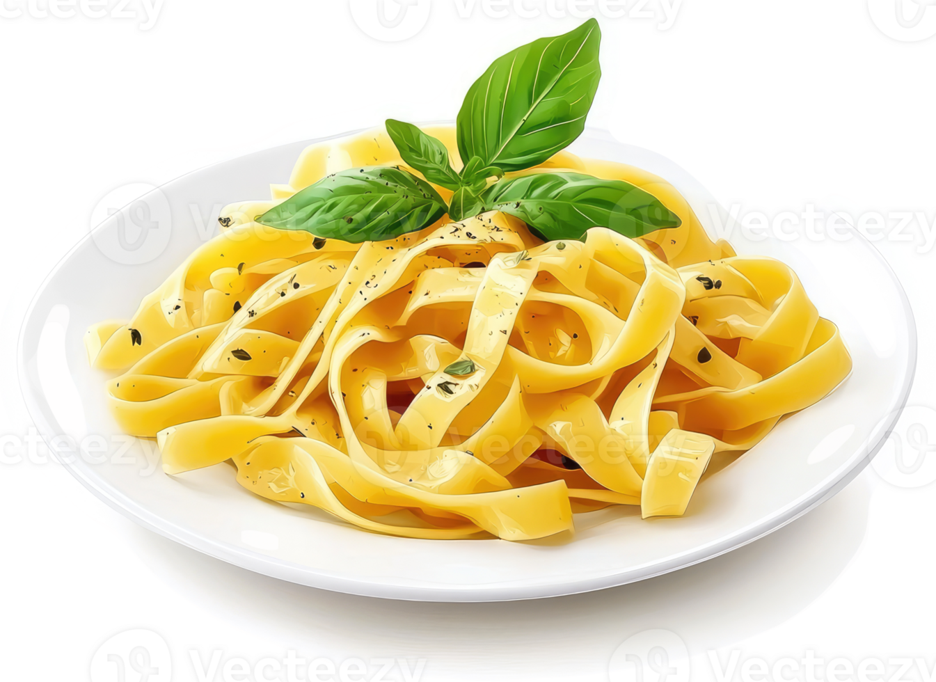 A plate of cooked fettuccine pasta topped with basil. png
