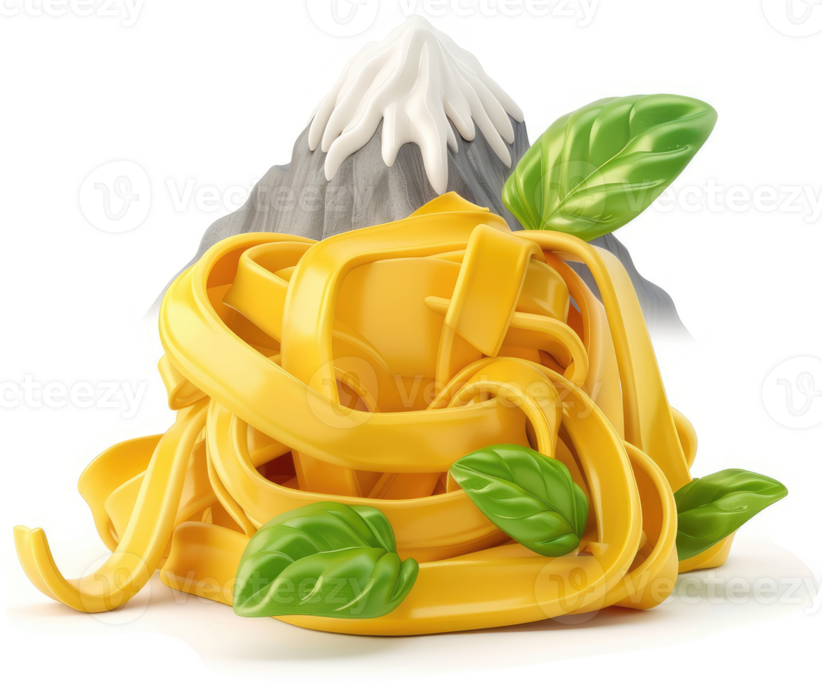 A vibrant heap of yellow pasta with basil and a mountain. png