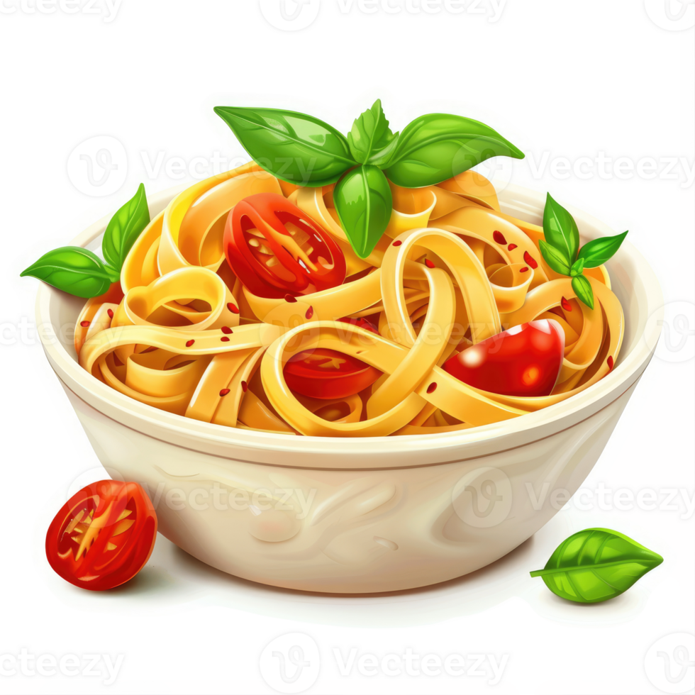 Creamy, tomato-based pasta dish in a white bowl. png