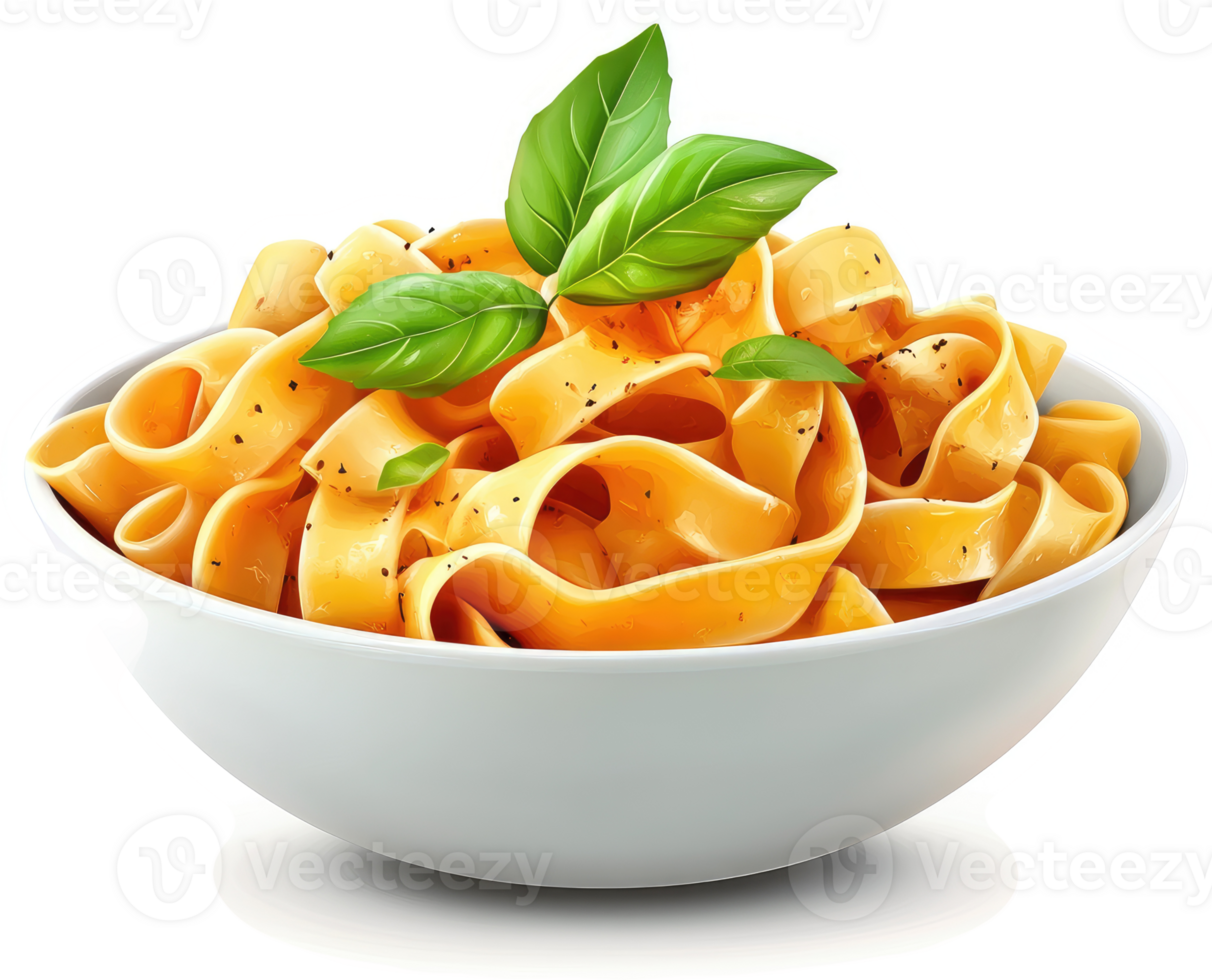 Creamy fettuccine pasta dish with basil garnish. png